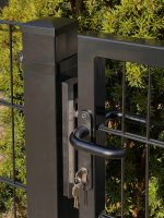 Et nærbillede af Metallåge 2D Panelfyld 6/5/6mm Sort Ral 9005 Komplet med lås og håndtag. Tre nøgler er sat i låsen, med synligt grønt løv i baggrunden.