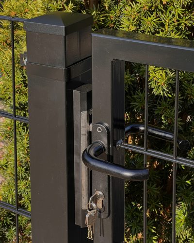 Et nærbillede af Metallåge 2D Panelfyld 6/5/6mm Sort Ral 9005 Komplet med lås og håndtag. Tre nøgler er sat i låsen, med synligt grønt løv i baggrunden.