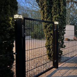 Et metallåge 2D panelfelt 6/5/6 mm sort Ral 9005 komplet med solcellelamper oven på stolperne, placeret blandt høje stedsegrønne træer og en grusjord, fotograferet i skumringen.