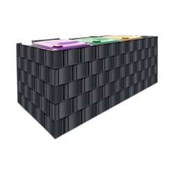 En lang, rektangulær, sort murstensstruktur med fire farvede låg - lilla, gul, grøn og orange - på toppen, arrangeret sekventielt. EcoHide Komplet-designet ser ud til at være en stor, segmenteret beholder eller beholder til SORT PLAST-affald eller genanvendeligt materiale. Baggrunden er hvid.