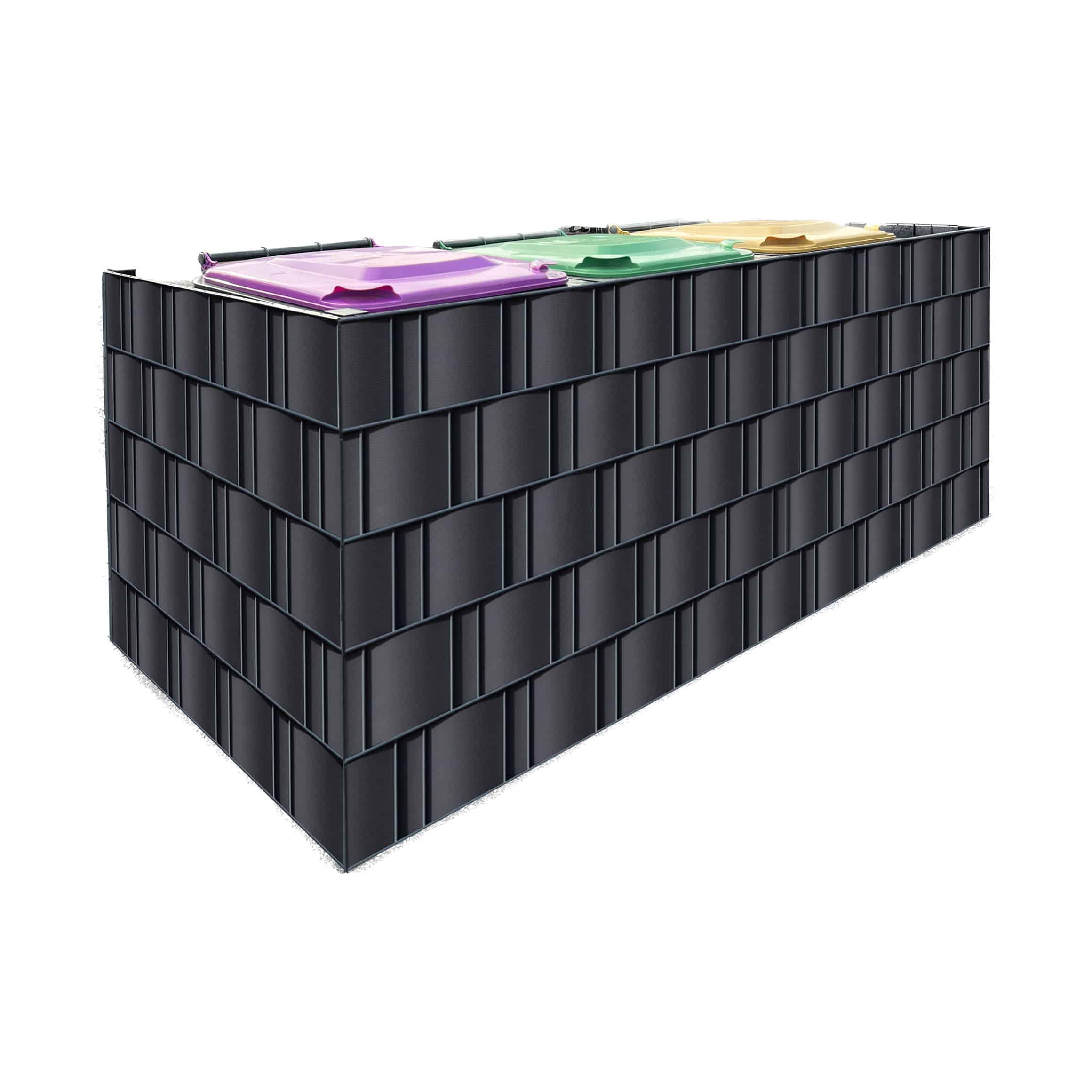 En lang, rektangulær, sort murstensstruktur med fire farvede låg - lilla, gul, grøn og orange - på toppen, arrangeret sekventielt. EcoHide Komplet-designet ser ud til at være en stor, segmenteret beholder eller beholder til SORT PLAST-affald eller genanvendeligt materiale. Baggrunden er hvid.