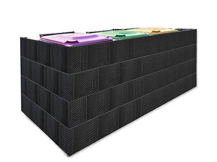 En stor sort kommerciel plantekasse lavet af tekstureret polyrattan er vist. Den har tre sektioner med tydelige farvede låg: lilla, gul og grøn. Denne stilfulde Renovationsskjuler er perfekt til at organisere forskellige typer planter eller genbrug, mens den tilføjer et strejf af elegance.