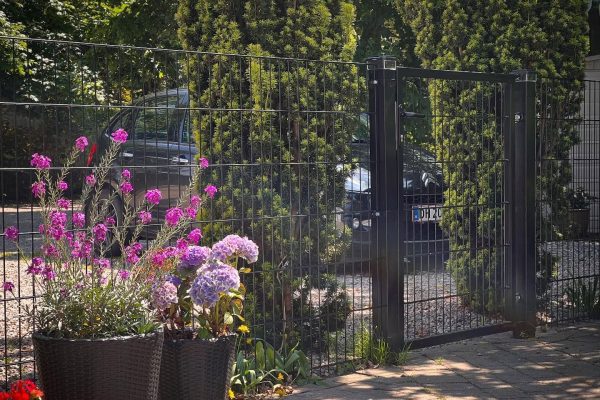 En havelåge og et hegn i sort metal med høje grønne buske bagved; en sort bil kan ses gennem hegnet. I forgrunden er der lilla og pink blomster i sorte potter på en stenterrasse.