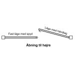 En illustration af en mekanisme med mærkede dele på dansk, der viser to komponenter: "Fast låge med spyd" (fast låge med spyd) og "Låge med håndtag" (port med håndtag). Teksten "Åbning til højre" angiver åbningsretningen til højre. Ideel til en Metal Dobbeltlåge 3D Panel Pulverlakeret Sort RAL 9005 Komplet.