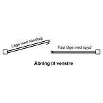 Et diagram, der viser to typer rækværk med titlen "Låge med håndtag" og "Fast låge med spyd" på dansk, med en pil og teksten "Åbning til venstre," perfekt til alle, der overvejer et Metal Dobbeltlåge 3D Panel Pulverlakeret Sort RAL 9005 Komplet.