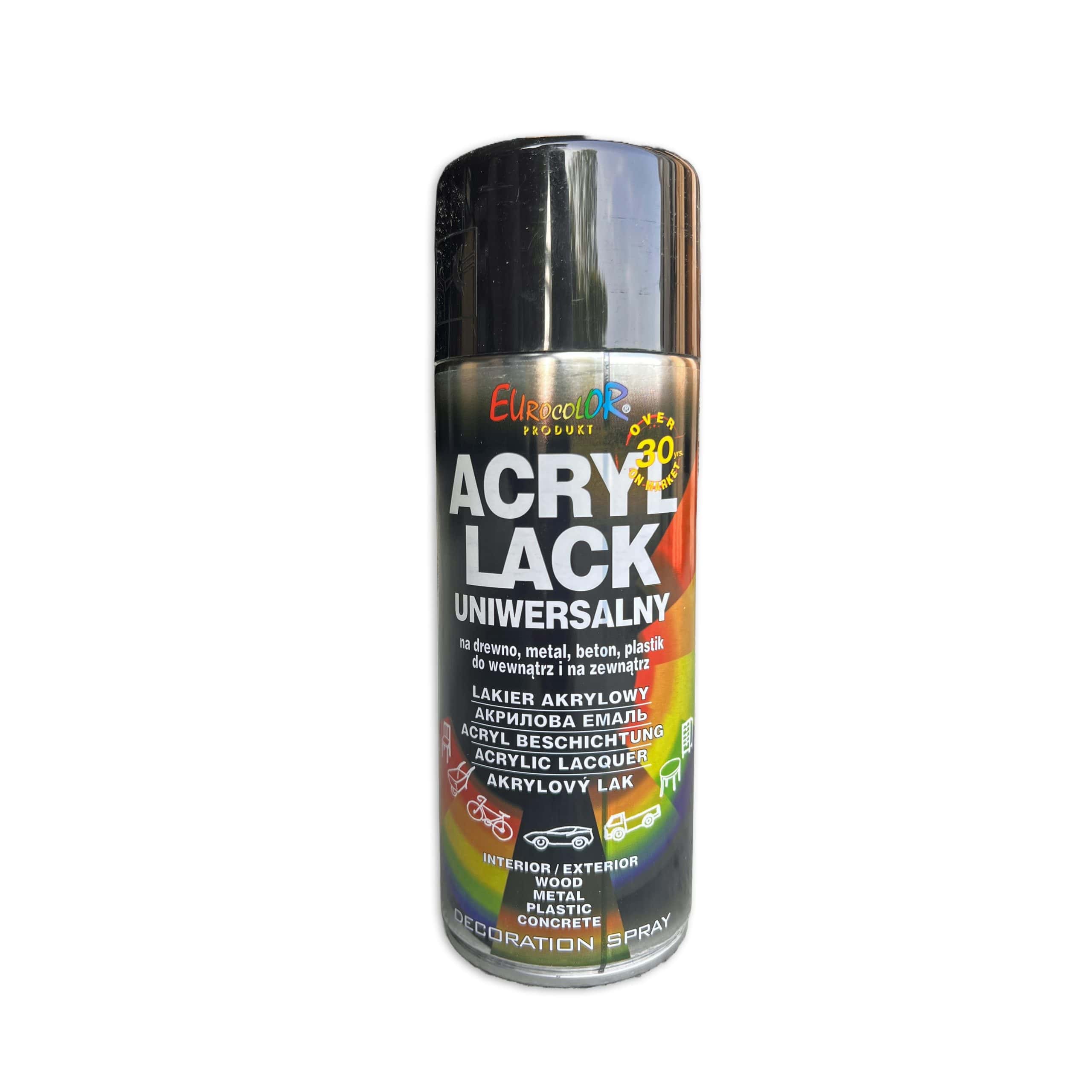 Spraymaling Sort RAL 9005 400ml er en universel spraymaling til træ, metal, beton, plastik og meget mere. Den sorte dåse har en regnbuefarvet stribe og produktinformation på flere sprog.