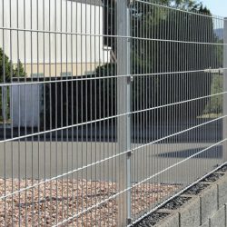 A Panelhegn 2D 6/5/6 mm HDG Galvaniseret - Komplet Inkl. Stolper & Beslag er monteret på en lav murstensmur, der omgiver et område med små sten. Det går parallelt med en asfalteret vej; træer og en bygning ses i baggrunden under en klar himmel.