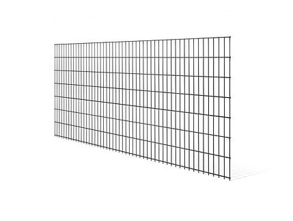 Et stort rektangulært metaltrådsgitter med jævnt fordelte lodrette og vandrette stænger, der danner et maskemønster. 2D STANDARD-gitteret er placeret oprejst mod en hvid baggrund, der ligner en slags minimalistisk Panelhegn-design.