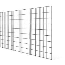 Et rektangulært metal hegnspanel fra 2D STANDARD-serien har et gittermønster med jævnt fordelte vandrette og lodrette stænger. Panelhegn er vinklet lidt til højre mod en hvid baggrund, hvilket skaber et rent, sorteret look.