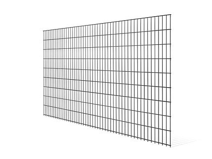 Et rektangulært metal hegnspanel fra 2D STANDARD-serien har et gittermønster med jævnt fordelte vandrette og lodrette stænger. Panelhegn er vinklet lidt til højre mod en hvid baggrund, hvilket skaber et rent, sorteret look.
