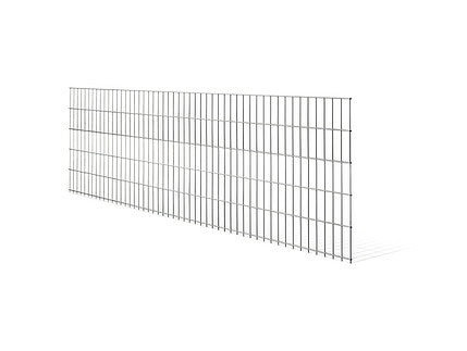 En lang sektion af galvaniseret metaltrådshegn med et rektangulært, gitterlignende mønster. Panelhegn er vist på en hvid baggrund uden synlige stolper eller understøtninger. 2D STANDARD perspektivvinklen viser hegnets længde og dybde.