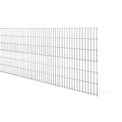Et galvaniseret metallisk trådhegn med et gittermønster. Panelhegn, der måler 103x250cm, består af vandret og lodret arrangerede ledninger, der skaber rektangulære åbninger jævnt fordelt i hele strukturen. Panelet er vist mod en almindelig hvid baggrund, let vinklet.