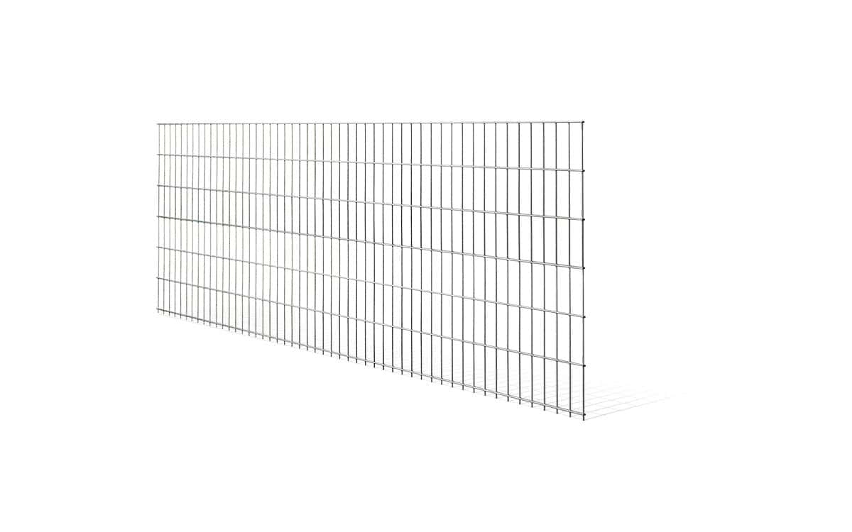 Et galvaniseret metallisk trådhegn med et gittermønster. Panelhegn, der måler 103x250cm, består af vandret og lodret arrangerede ledninger, der skaber rektangulære åbninger jævnt fordelt i hele strukturen. Panelet er vist mod en almindelig hvid baggrund, let vinklet.