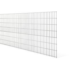 Et stort rektangulært metaltrådsnet panelhegn, 103x250cm, med et gitterlignende mønster, vist på en hvid baggrund. Det galvaniserede panel er vinklet lidt til venstre og viser dets dybde og ensartetheden af de lodrette og vandrette ledninger.