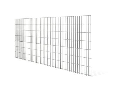 Et stort rektangulært metaltrådsnet panelhegn, 103x250cm, med et gitterlignende mønster, vist på en hvid baggrund. Det galvaniserede panel er vinklet lidt til venstre og viser dets dybde og ensartetheden af de lodrette og vandrette ledninger.