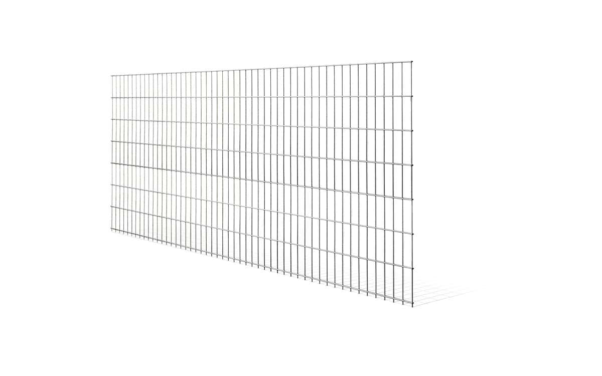 Et stort rektangulært metaltrådsnet panelhegn, 103x250cm, med et gitterlignende mønster, vist på en hvid baggrund. Det galvaniserede panel er vinklet lidt til venstre og viser dets dybde og ensartetheden af de lodrette og vandrette ledninger.