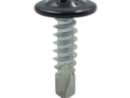 Et nærbillede af Selvskærende skrue 4,2 x Ø16mm - Sort RAL 9005, med Phillips-drev, en skinnende sølvfinish og toppet med en sort Sort RAL 9005 skive. Skruen har et fladt, rundt hoved og en spids spids for let indtrængning i materialer. Baggrunden er almindelig hvid.