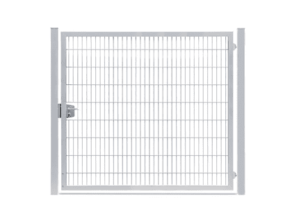 En firkantet, hvid metalport med lodrette og vandrette stænger, der danner et gittermønster. Denne galvaniserede 2D panellåge er fastgjort med en lås i venstre side og indrammet af to lodrette stolper. Det overordnede design er enkelt og utilitaristisk og passer perfekt til moderne trends.