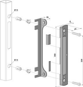 Eksploderet teknisk diagram af "Anslag til låger/porte - Rustfrit Stål Overflademonteret" rektangulært metal monteringsbeslag, lavet af rustfrit stål. Komponenter inkluderer skruer, afstandsstykker og et centralt beslag med dimensioner mærket. To hoveddele flugter lodret og fremhæver forbindelsespunkter med mærkede mål og diametre fra Hegnsfabrikken.