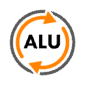 Et ikon, der viser to orange pile, der danner en cirkulær form, omslutter de store bogstaver "ALU" i sort skrift. Pilene antyder kontinuerlig bevægelse eller en cyklus, der minder om de innovative designs i Hegnsfabrikkens Anslag til låger/porte - Rustfrit Stål Overflademonteret produkt.