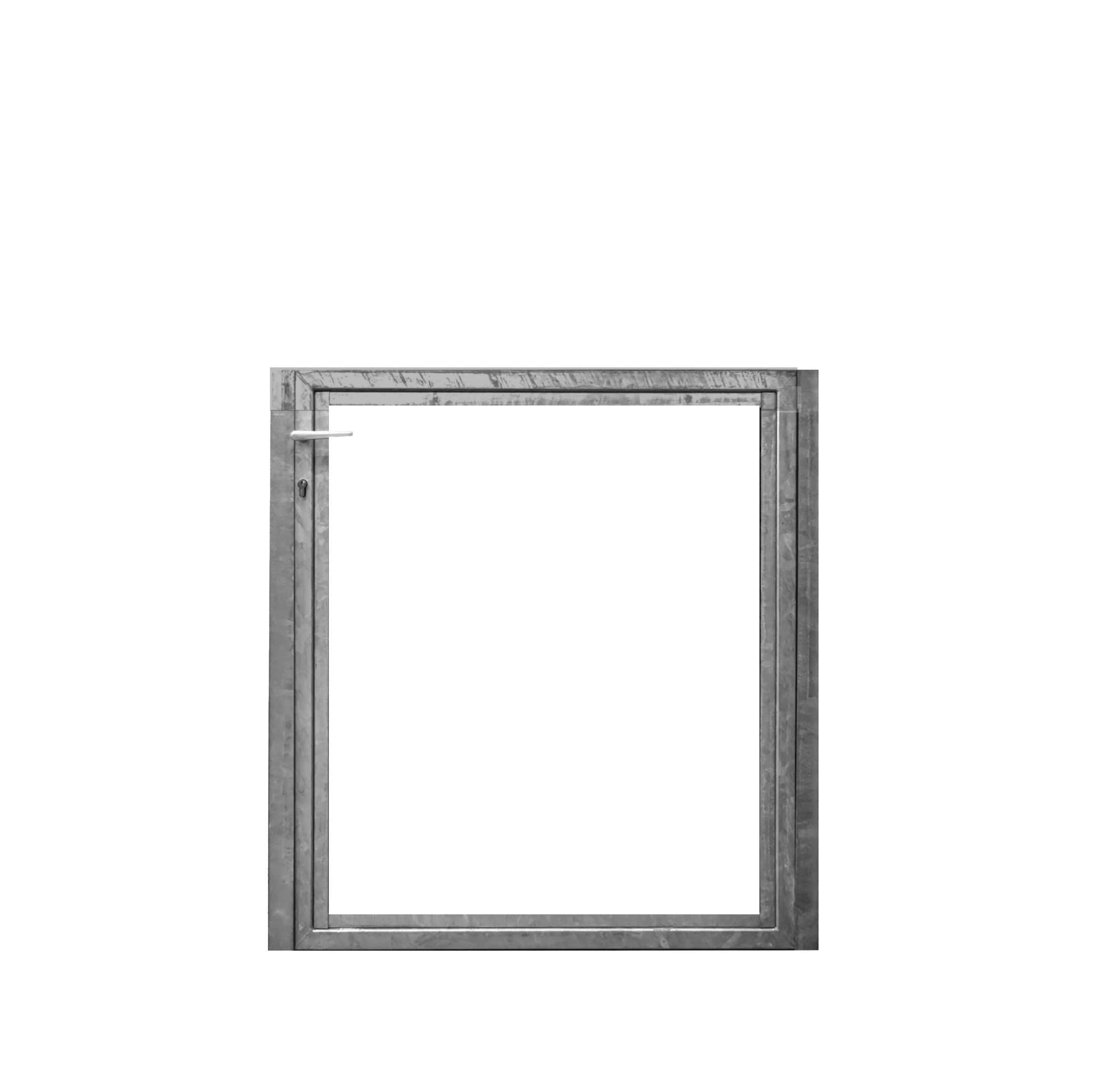 Et firkantet metallisk stel med et enkelt minimalistisk design. Den varmgalvaniserede Lågeramme har et håndtag i venstre side, hvilket tyder på, at det er en vindues- eller dørkarm uden glas eller paneler indeni. Baggrunden er almindelig hvid.