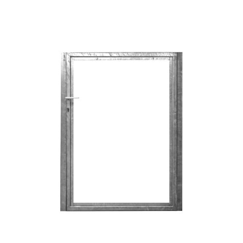 En enkelt metalrammedør med håndtag i venstre side. Døren, der har et lågeramme design, har ingen synlige paneler eller glas og er sat mod en almindelig hvid baggrund. Det ser ud til at være enkelt og industrielt i designet.