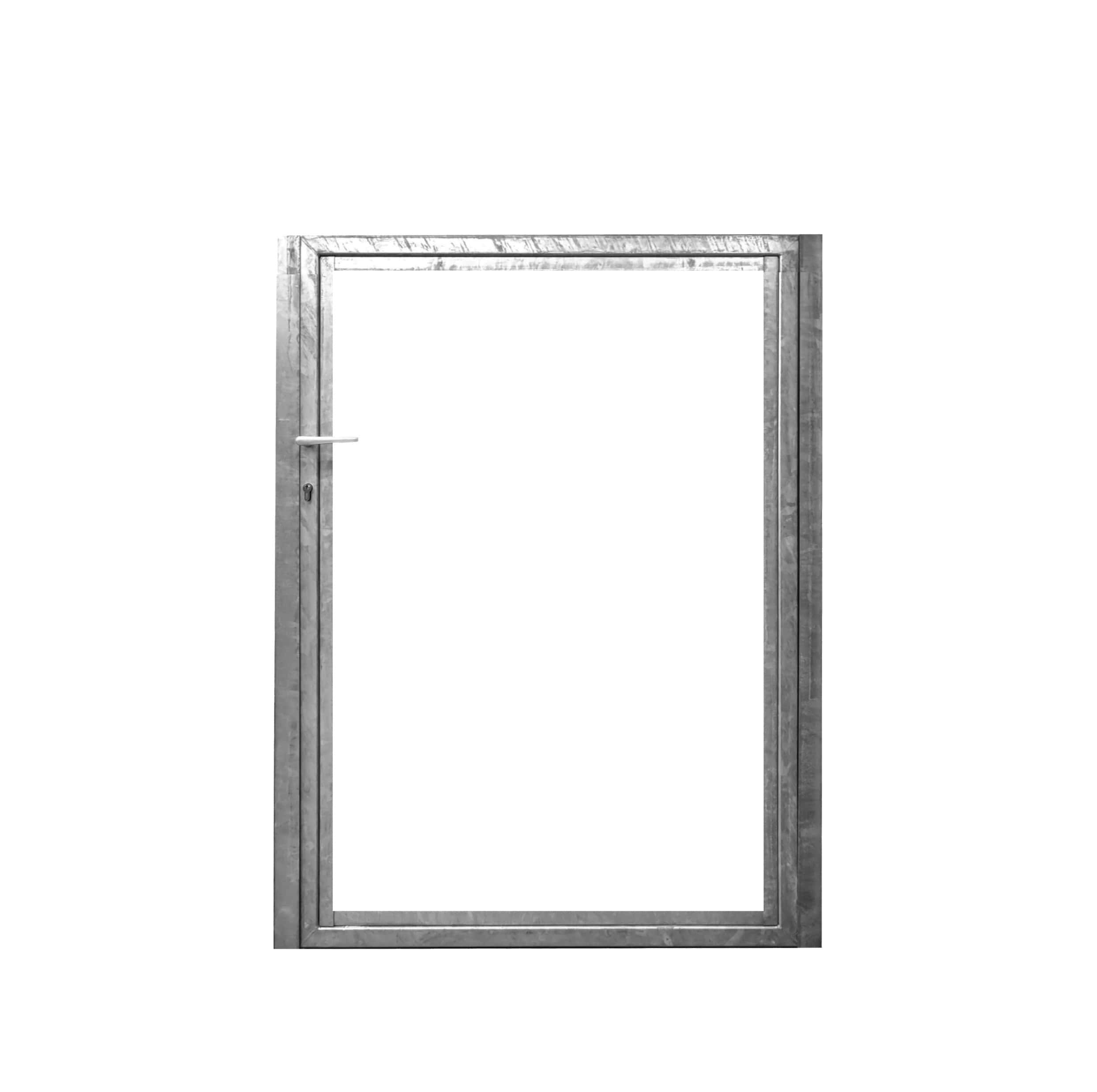 En enkelt metalrammedør med håndtag i venstre side. Døren, der har et lågeramme design, har ingen synlige paneler eller glas og er sat mod en almindelig hvid baggrund. Det ser ud til at være enkelt og industrielt i designet.