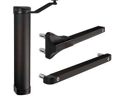 Billede af en slank sort cylindrisk manuel kaffekværn med en aftagelig håndsving og to metalgratarme. Komponenterne, der vises separat, afspejler Locinox Sort-designets kompakte elegance, der minder om den præcision, der findes i en LION Kompakt Hydraulisk Portlukker.