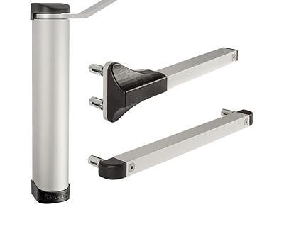 En dørlukker i metal, Portlukker fra Locinox, har et elegant, moderne design. Apparatet består af et cylindrisk legeme med en arm forbundet med et drejeled. Armen, vist i både udstrakt og foldet position, virker holdbar med glatte sorte accenter på stik.