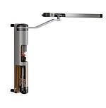 Udskåret illustration af en Kompakt Hydraulisk Portlukker "LION" fra Locinox, der afslører interne komponenter som fjedre, gear og cylindre. Mekanismen er fastgjort til en metalarm for at kontrollere dørens bevægelse.