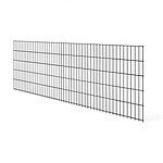 Et langt, rektangulært metalhegn med jævnt fordelte lodrette og vandrette stænger, der skaber et gittermønster. 103x250 cm Antracit Panelhegn 2D STANDARD er sat mod en almindelig hvid baggrund, der understreger dens struktur og design.