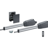 Elektrisk Portåbner til Dobbeltlåger Twist - 350-2F-sættet har to lineære aktuatorarme, en kontrolboks, en fjernbetjening og to monteringsbeslag arrangeret på en hvid baggrund. Komponenterne er designet til automatiseret portdrift, hvilket gør dette til en ideel Automatisk Lågeåbner-løsning.