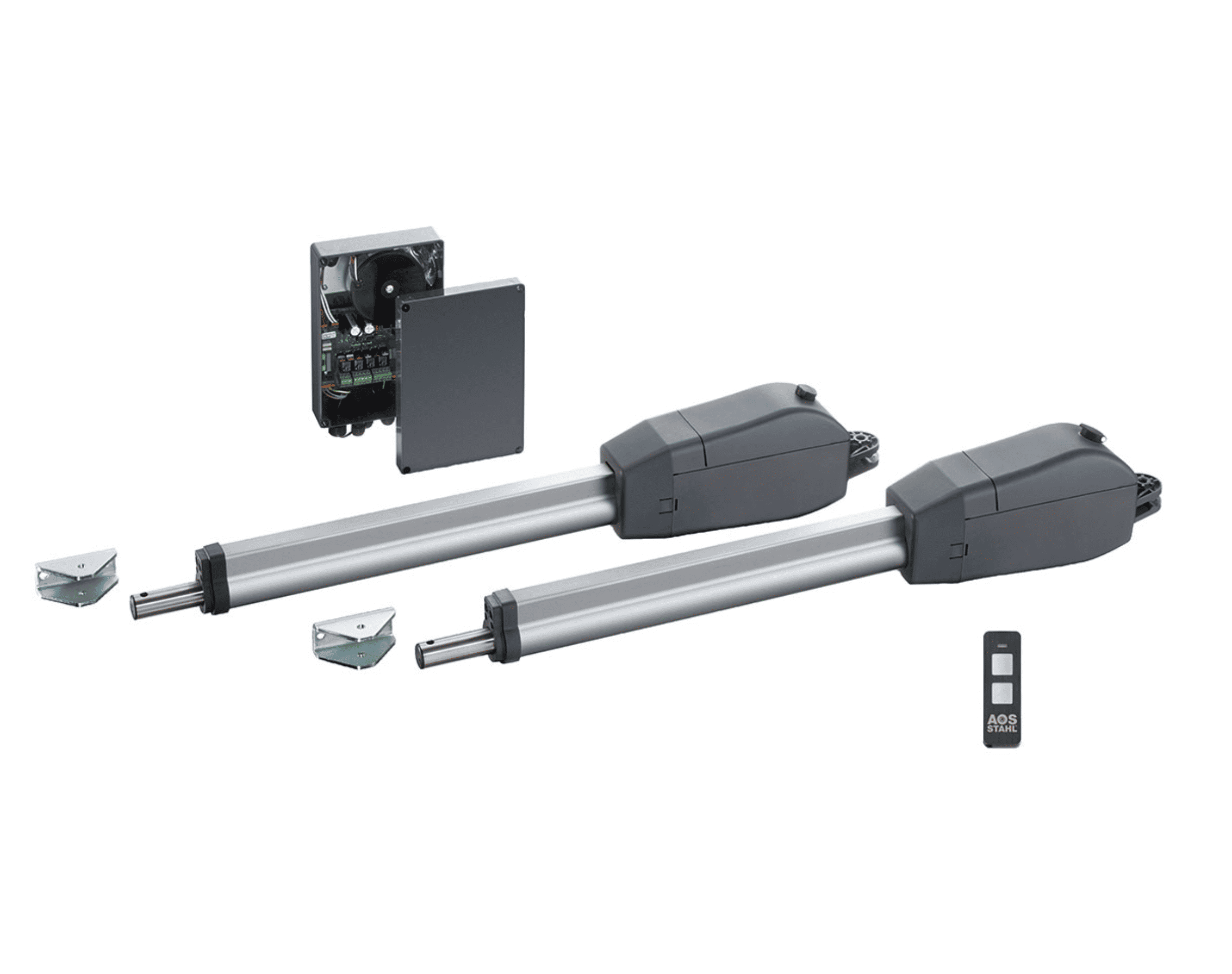 Elektrisk Portåbner til Dobbeltlåger Twist - 350-2F-sættet har to lineære aktuatorarme, en kontrolboks, en fjernbetjening og to monteringsbeslag arrangeret på en hvid baggrund. Komponenterne er designet til automatiseret portdrift, hvilket gør dette til en ideel Automatisk Lågeåbner-løsning.