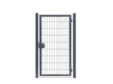 En galvaniseret 2D-panellåge af metaltrådnet med en rektangulær ramme, to lodrette støttestolper og et låsehåndtag på venstre side, der måler 100x180 cm, står på en almindelig hvid baggrund.