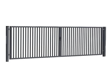 En sort metal Balusterlåge - Dobbeltlåge med Metal Baluster Komplet med jævnt fordelte lodrette stænger, med en centrallåsemekanisme. Porten er monteret på robuste stolper i begge ender, velegnet til bolig- eller erhvervsbrug. Designet er enkelt, men giver en effektiv sikkerhed.