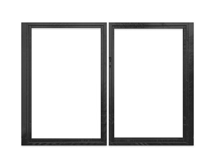 Et par tilstødende sorte billedrammer med et enkelt design, der minder om de rene linjer, der findes i dobbeltlågeramme. Begge rammer er tomme og viser den hvide baggrund bag dem. Rammerne er lodret orienteret og placeret side om side.