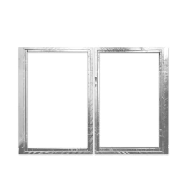 Et rektangulært dobbeltlågeramme i rustfrit stål med to åbne sektioner side om side. Den venstre sektion er lidt smallere end den højre sektion, som har et håndtag. Rammen, belagt i pulverlakeret sort for øget holdbarhed, kan prale af et slankt og moderne design.