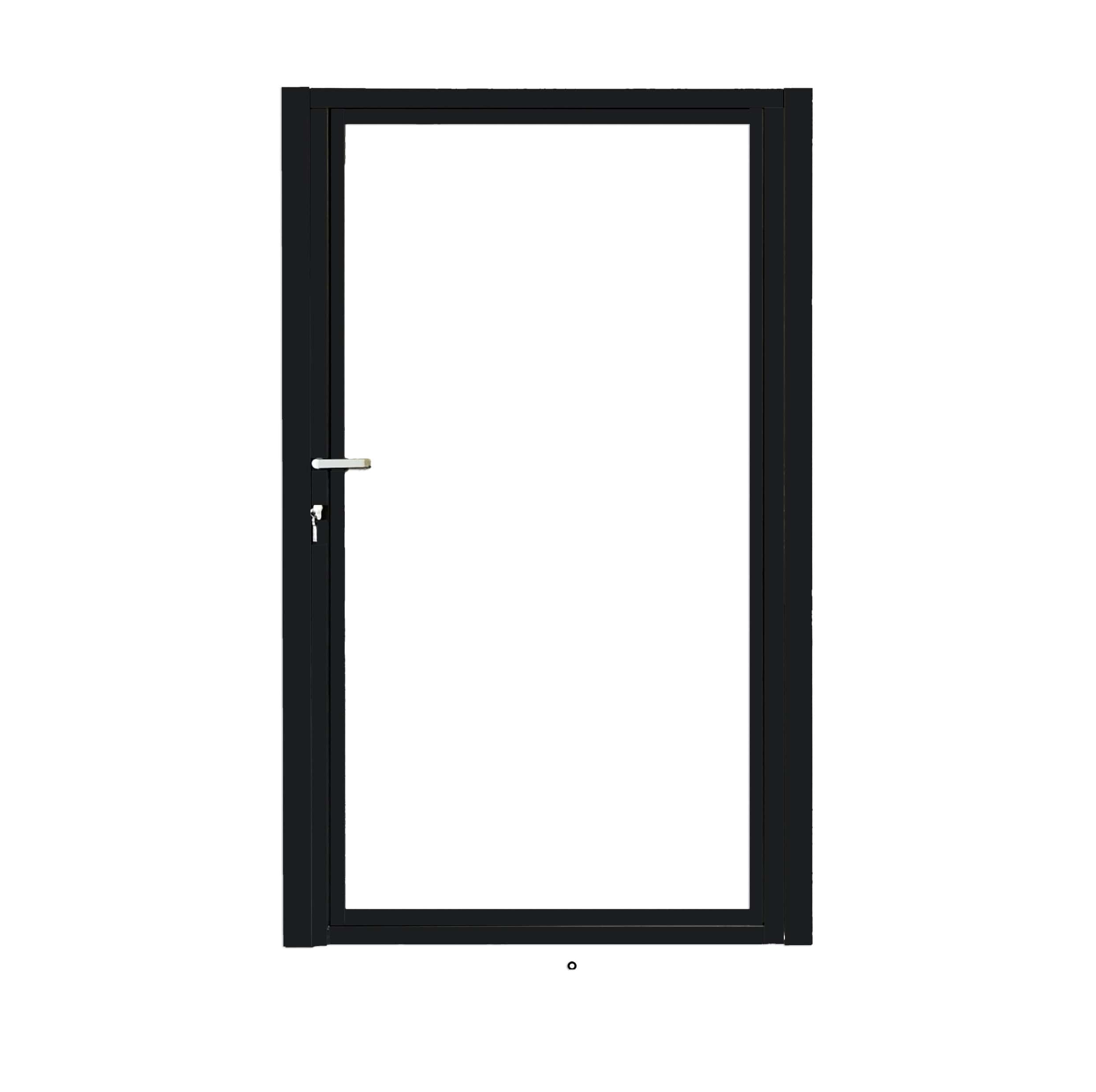 En pulverlakeret sort ral 9005 lågeramme til kompositbrædder i 25mm med sølvhåndtag i venstre side. Døren, der er udformet med et slidstærkt lågeramme og vist i lukket position, har et moderne, minimalistisk design. Baggrunden er almindelig hvid.