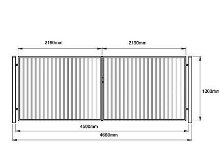 Diagram over en stor dobbeltlåge med mål. Denne balusterlåge port måler 450x120 cm (bredde x højde), hvor hver sektion er 2190 mm bred. Den samlede bredde inklusive understøtninger er 4660 mm. Porten er udført i stilfuld pulverlakeret sort.