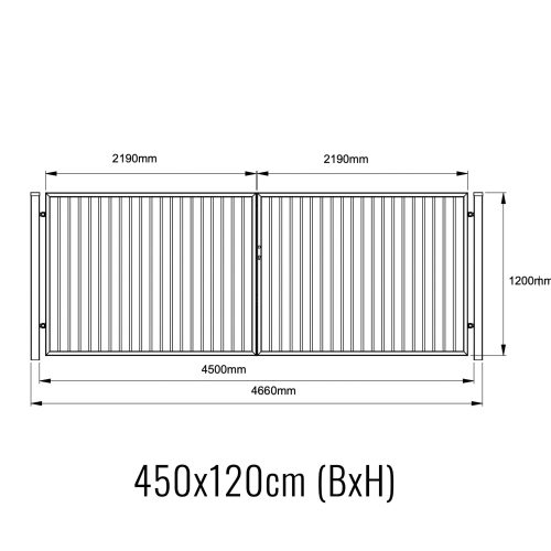 Diagram over en stor dobbeltlåge med mål. Denne balusterlåge port måler 450x120 cm (bredde x højde), hvor hver sektion er 2190 mm bred. Den samlede bredde inklusive understøtninger er 4660 mm. Porten er udført i stilfuld pulverlakeret sort.