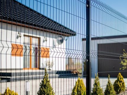 Et moderne hus med sort tegltag og træaccenter ses bag et slankt Metal Hegn 3D Panel "HF-DESIGN SERIE" inkl. stålstolper & beslag - pulverlakeret sort hegn. Gården har pænt trimmede buske langs hegnet, og himlen er klar og blå.