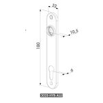Teknisk tegning af Dækskjold til låseindsats sæt Sort Alu: rektangulær metaldørplade (180 mm x 32 mm), 10,5 mm huldiameter, 6 mm tykkelse, mærket "3020-HYB-ALU" i bunden.