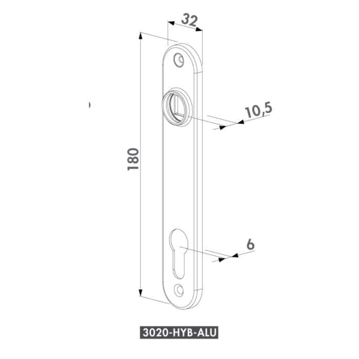 Teknisk tegning af Dækskjold til låseindsats sæt Sort Alu: rektangulær metaldørplade (180 mm x 32 mm), 10,5 mm huldiameter, 6 mm tykkelse, mærket "3020-HYB-ALU" i bunden.