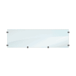 Glas til komposit hegn XL har et rektangulært glaspanel med afrundede hjørner, der er sikkert fastgjort med seks metalbeslag jævnt fordelt langs kanterne. Dette XL-glas har en subtil reflekterende glans, der forstærker dets elegance mod den almindelige hvide baggrund.