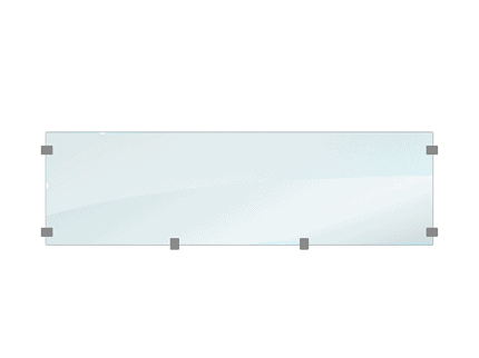 Glas til komposit hegn XL har et rektangulært glaspanel med afrundede hjørner, der er sikkert fastgjort med seks metalbeslag jævnt fordelt langs kanterne. Dette XL-glas har en subtil reflekterende glans, der forstærker dets elegance mod den almindelige hvide baggrund.