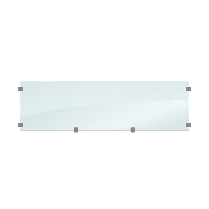 Glas til komposit hegn XL har et rektangulært glaspanel med afrundede hjørner, der er sikkert fastgjort med seks metalbeslag jævnt fordelt langs kanterne. Dette XL-glas har en subtil reflekterende glans, der forstærker dets elegance mod den almindelige hvide baggrund.