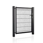 En sort metalhegnslåge med lodrette og vandrette stænger, understøttet af to robuste stolper på hver side. Porten har en låsemekanisme til højre, der repræsenterer et moderne design med en let reflekterende overflade under den. Oplev mere i vores udvalg af låger og hegn til din ejendom.