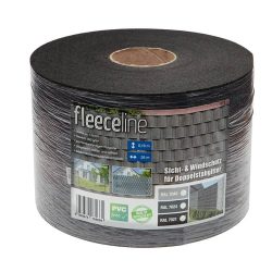 En sort rulle Fleeceline til panelhegn mod en hvid baggrund. Produktetiketten har to små billeder af materialet i brug, specifikationer og farvekoder.