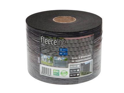 En sort rulle Fleeceline til panelhegn mod en hvid baggrund. Produktetiketten har to små billeder af materialet i brug, specifikationer og farvekoder.