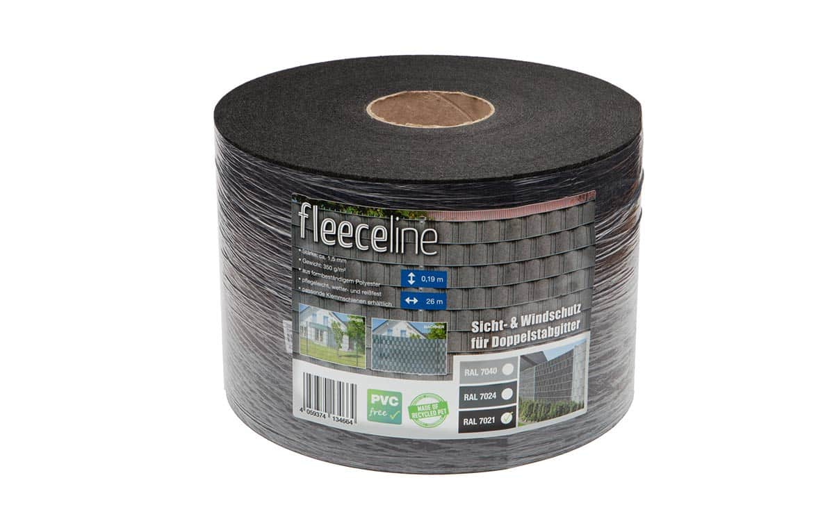 En sort rulle Fleeceline til panelhegn mod en hvid baggrund. Produktetiketten har to små billeder af materialet i brug, specifikationer og farvekoder.